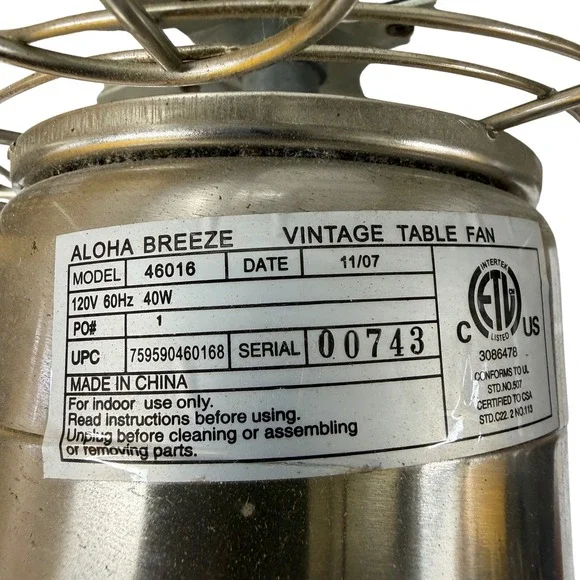 Aloha Breeze 46016 Vintage Style Table Fan Brushed Nickel Oscillating 3 Spd - Picture 5 of 8